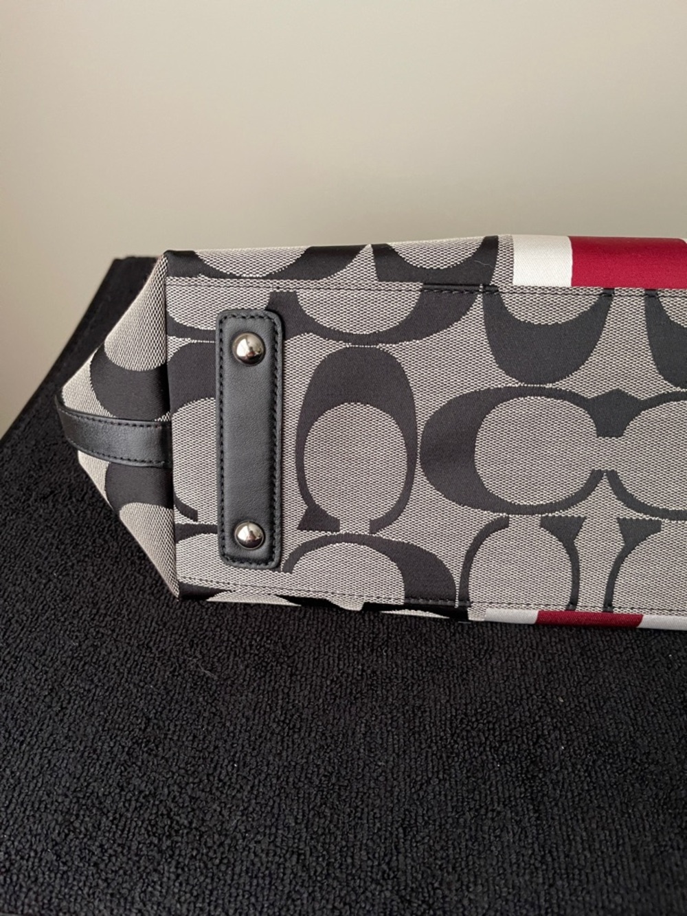 Coach Signature Stripe Tote Bag in Black, Gray & Red - Picture 6 of 10